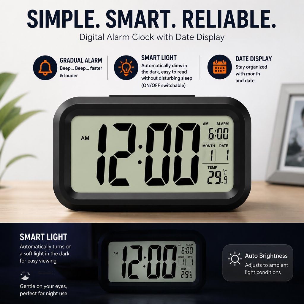 AuraSync Digital Alarm Clock with Large LCD Display, Temperature, Date, and Month, Black (Black)