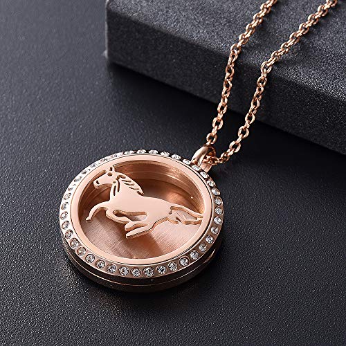 Zircon Inlay 316L Stainless Steel 30mm Round Aromatherapy Essential Oils Diffuser Necklace Locket Pendant with Horse Pattern2