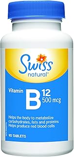 Swiss Natural Vitamin B12 (Cyanocobalamin) 500mcg | 90 Tablets | Helps metabolize carbohydrates, fats and proteins