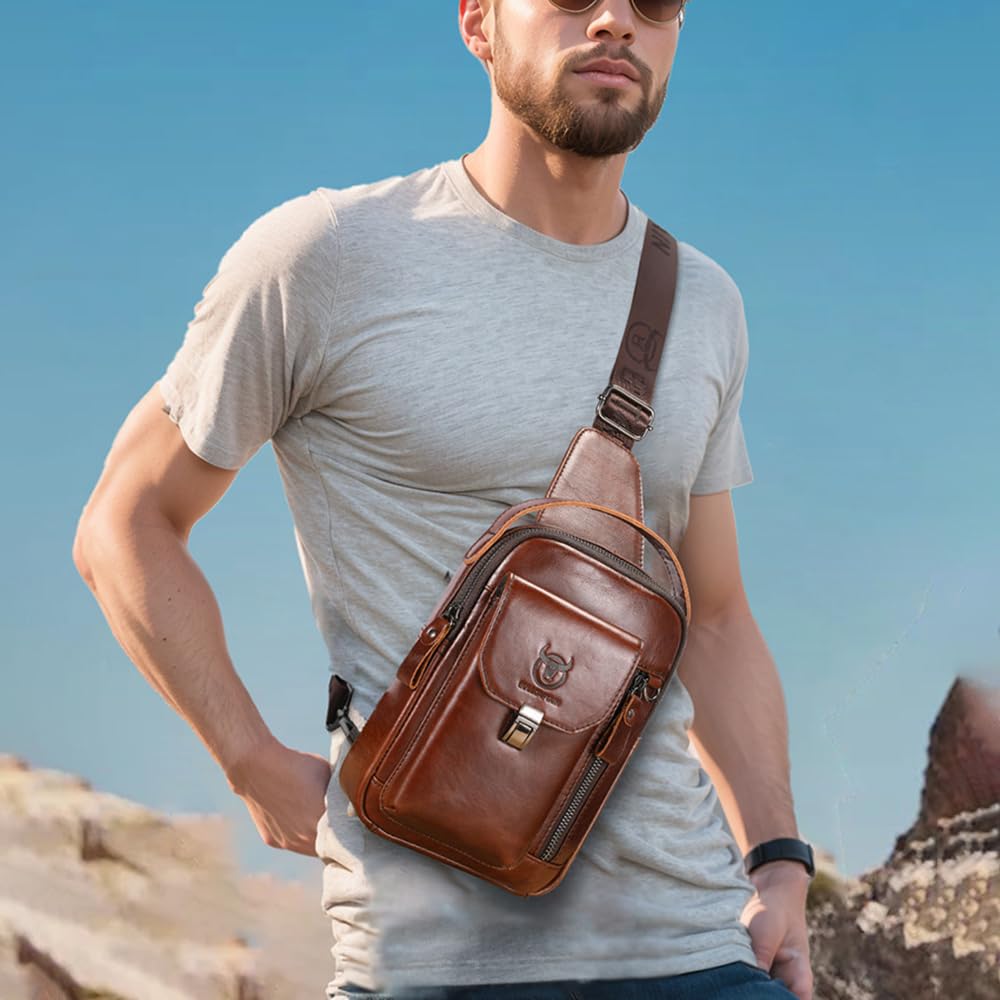 Domary Bolso Bandolera de Cuero Genuino, Mochila Duradera con Pecho para Agua, para Viajes Al Aire, Hombres y Mujeres (Negro)