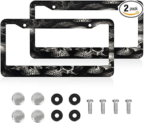 Personalized License Plate Frame, Skeleton Skull 2 Pack Funny Stainless Steel License Plate Decorative Frame Skeleton Sugar Skull with 2 Holes and Screws for Standard US Size 12.2 X 6.3 in