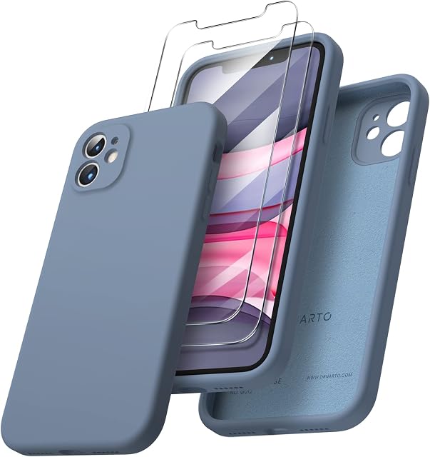 ORNARTO Compatible with iPhone 11 Case 6.1 inch, with 2 x Screen Protector Liquid Silicone Gel Rubber Cover [Square Edge] [Full Body] Shockproof Protective Phone Case for iPhone 11-French Blue
