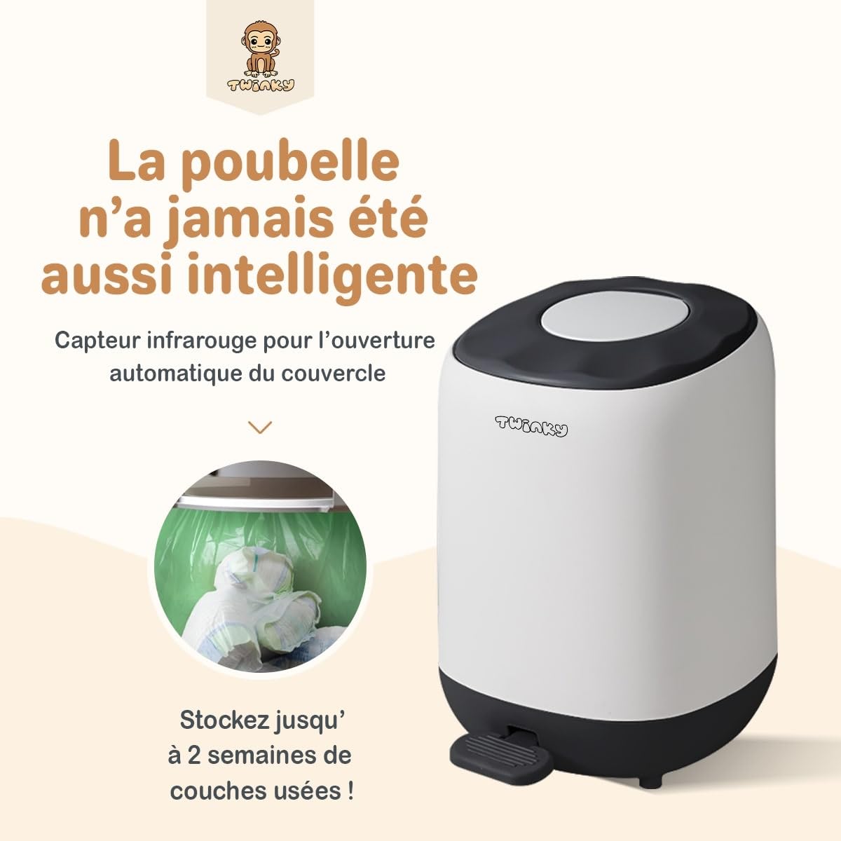 Twinky Poubelle à Couches Bébé sans Cassette avec Couvercle Compact