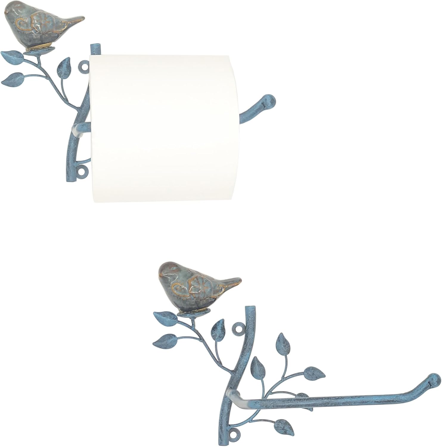 Owlgift Set of 2 Wall Mounted Metal Toilet Tissue Holder w/Ceramic Bird, Roll Organizer for Bathroom - Turquoise