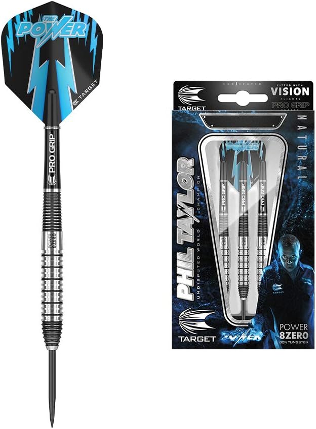 Target Darts Phil Taylor Power 8-Zero 2 Steel Tip Darts, 80% Tungsten Dart Set, 22G/24G/26G | Power 8 Zero Player Edition Darts with Swiss Point Tips or Fixed Points, Pro Grip Shafts, No.6 Dart Flight