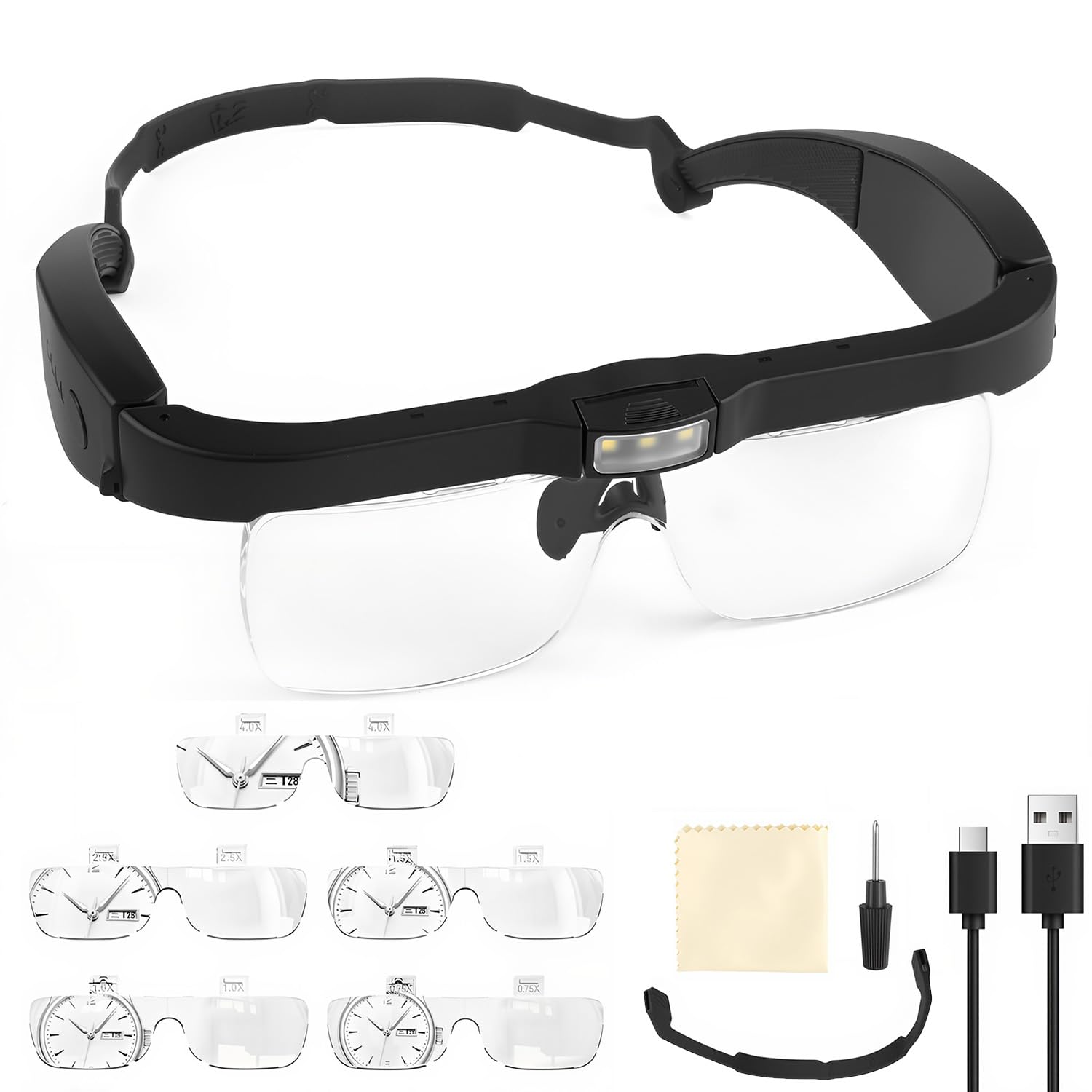 Kpp7h Black Magnifying Glasses With Light, Rechargeable Hands Free Head Mount Magnifier With 3 Led Lights, Led Head Magnifying Glasses For Hobbies With 5 Detachable Lenses 0.75X 1.0X 1.5X 2.5X 4.0X