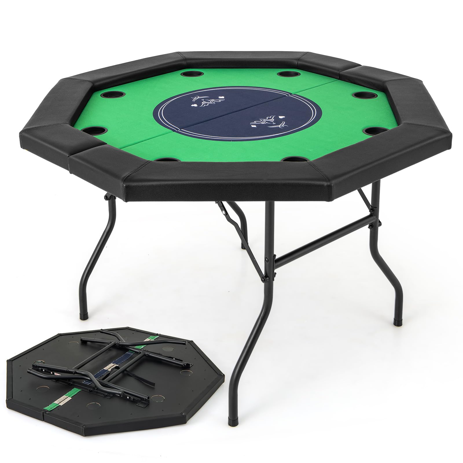 GYMAX 1.3M/48 Inches Foldable Poker Table, 8-Player Portable Blackjack Texas Hold’em Poker Table with Cup Holders & Padded Rails, Octagon Poker Card Board Game Table for Party Casino (Green)