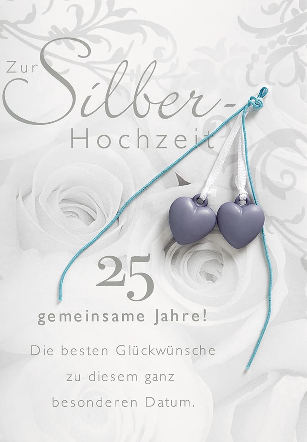 Perleberg - Unique silver wedding card with rose motif - stylish silver wedding card with hearts and ribbon - elegant card for silver wedding with congratulations 11.6 x 16.6 cm