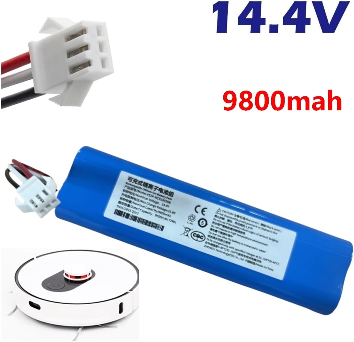 9800mAh 14.4V Robot Vacuum Cleaner Battery, Compatible with Neatsvor X520, Vacuum Cleaner Replacement Battery, (Three Wire Plug)