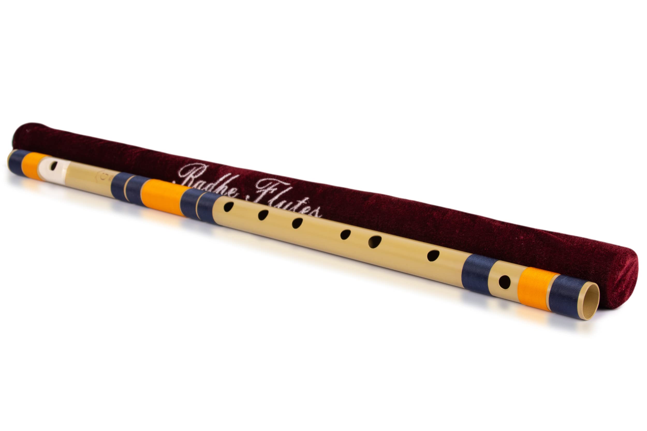 Radhe Flutes Bansuri G Natural Base pour droitier | Avec housse en velours | Tanpura A = 440 | Fibre PVC | Bleu foncé et orange