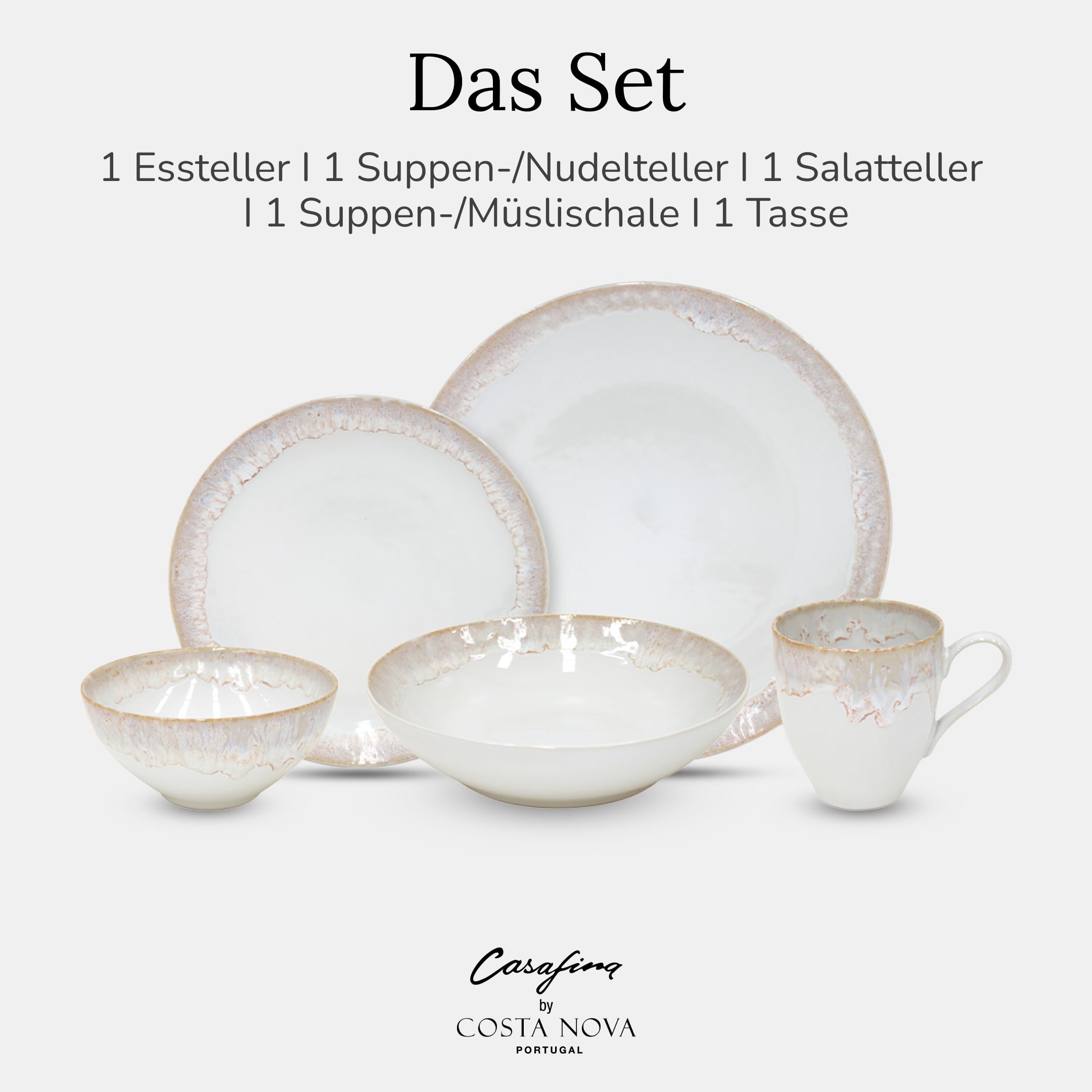 Casafina by Costa Nova Geschirrset Taormina: 5-teiliges Steinzeug-Set, Reaktivglasur, Spülmaschinen-, Mikrowellen-, Ofen- & Gefrierfest, Komplettes Service mit Tellern, Schale & Tasse, Weiß