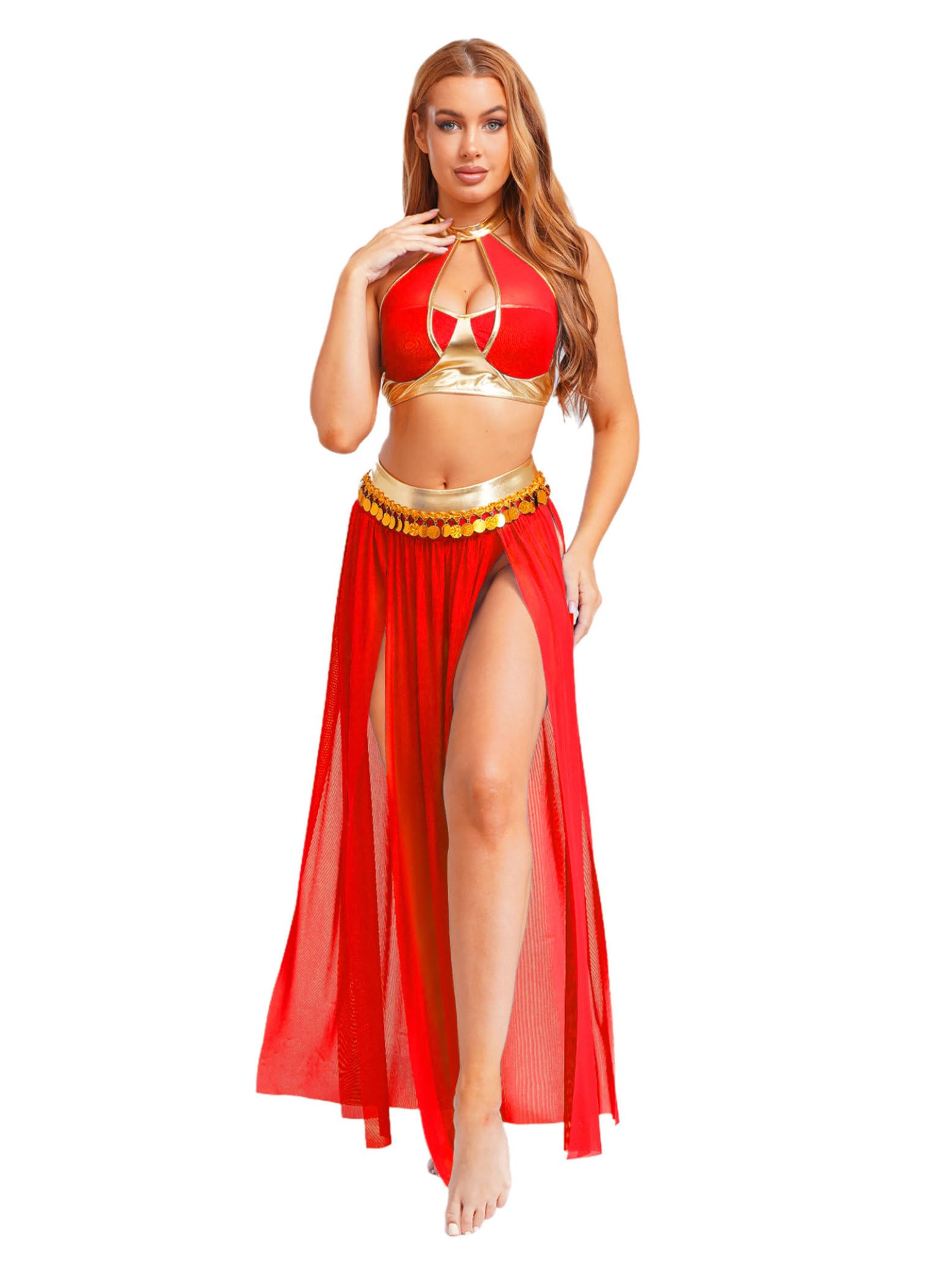 Manyakai Womens Arabian Costume Belly Dance Costume Jasmine Princess Cosplay Outfit for Halloween Dress-up Red S