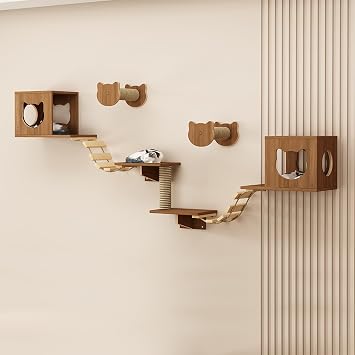Large Cat Wall Shelves with Cozy House - Sturdy Wooden Climbing Perch, Scratch Board & Ladder for Indoor Cats, Easy Mount Home Decor Playground Set 4
