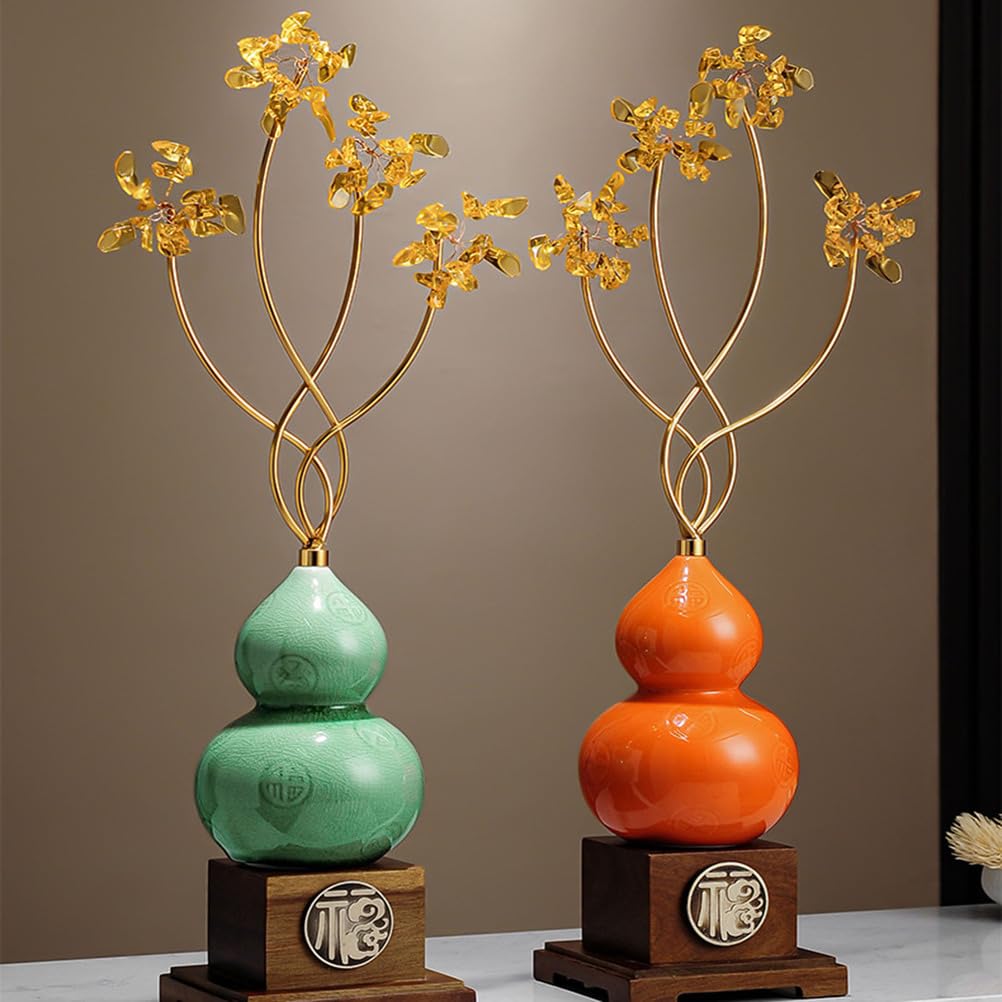 Posąg tykwy na szczęście Feng Shui, ozdoba rękodzieła ceramicznego, ręcznie robiona rzeźba do wyposażenia wewnętrznego stołu Dekoracja półki na książki domu Bezpieczeństwo Zdrowie,Green