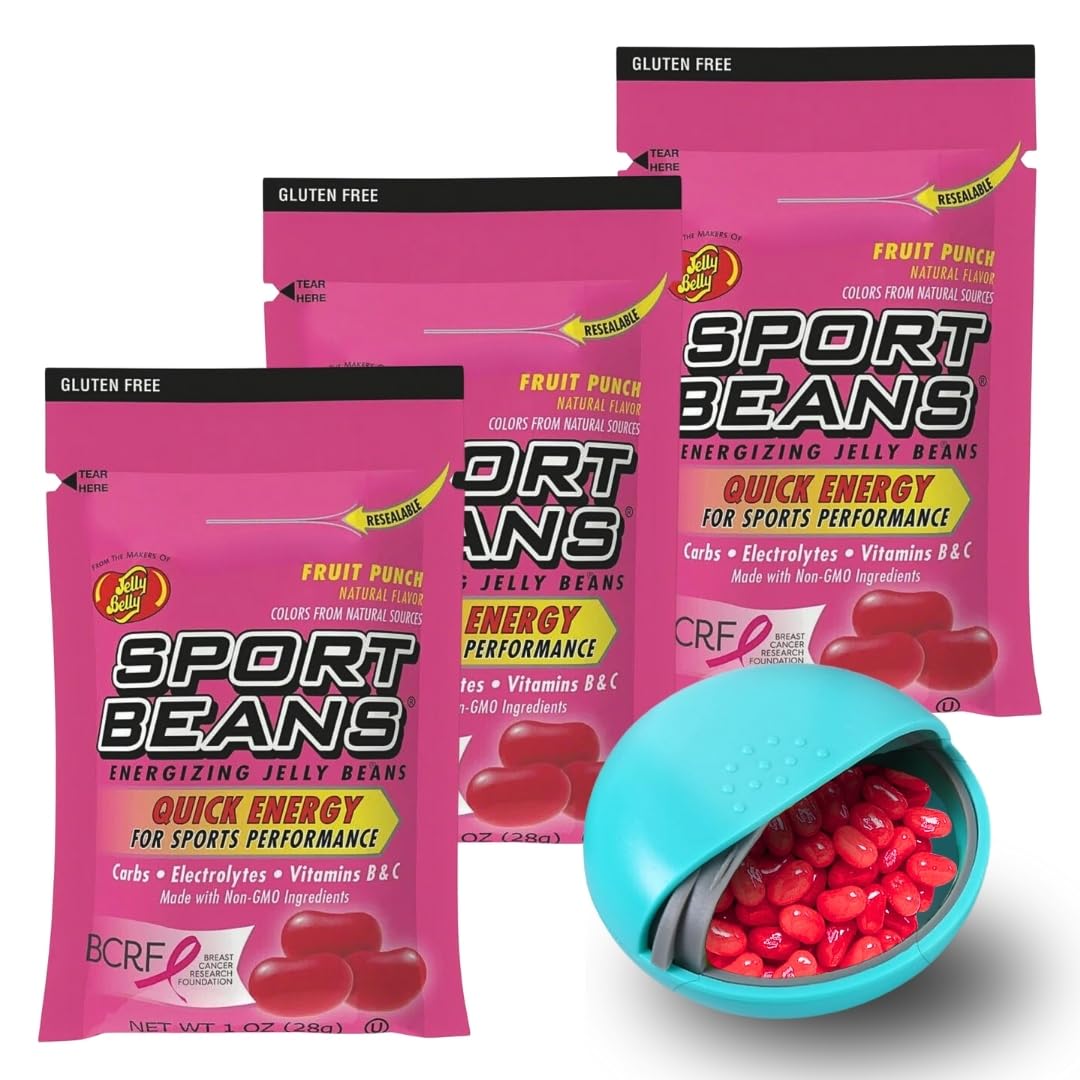 Jelly Belly Sports Beans 3-Pack (1oz bags) and Mini Candy Dispenser - Fruit Punch Flavor - Enriched with Vitamins and Electrolytes - Small Travel Case (7.5 x 2.5cm) - Pocket Size for Running, Cycling