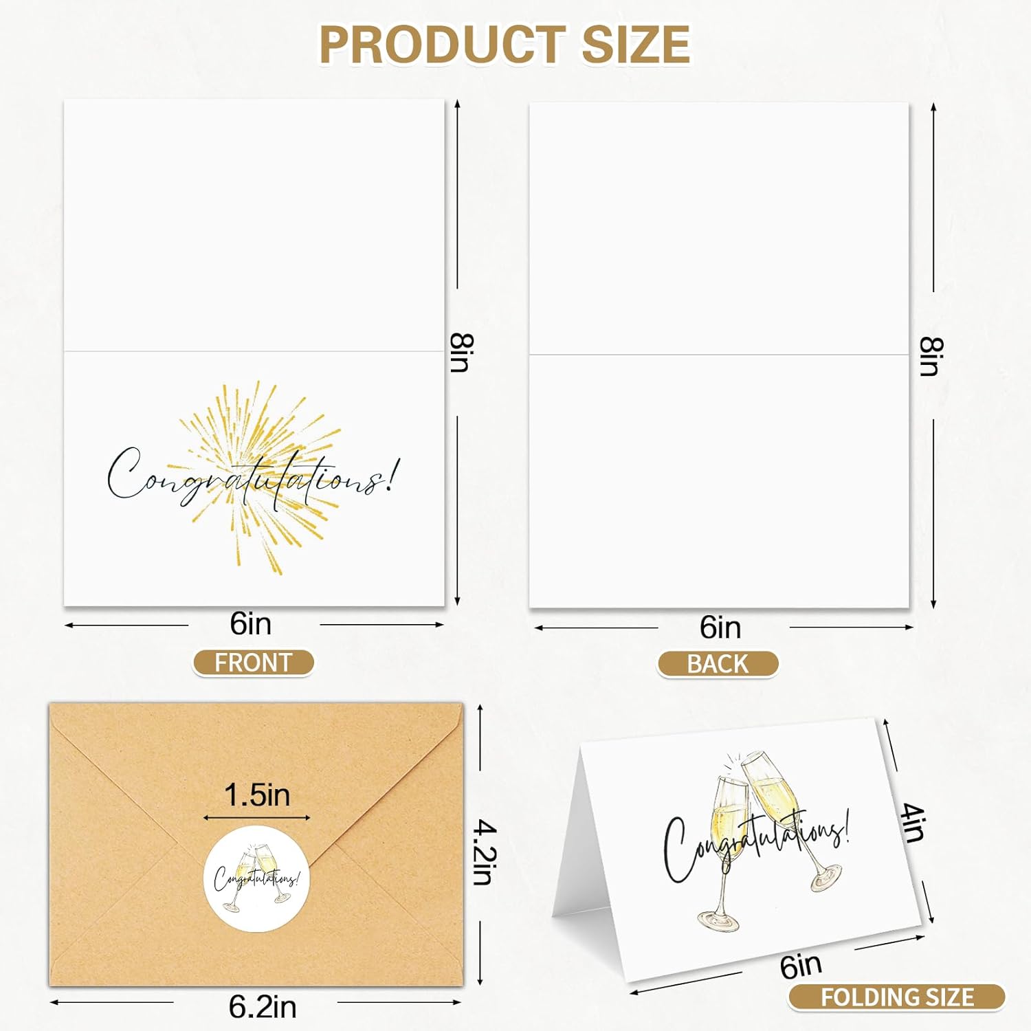 Congratulations Cards with Envelopes, Bulk Pack of 50 and Matching Stickers, Cheers and Fireworks Pattern Minimalistic Design for Graduation, Wedding, Business and Milestone Celebrations - Image 2