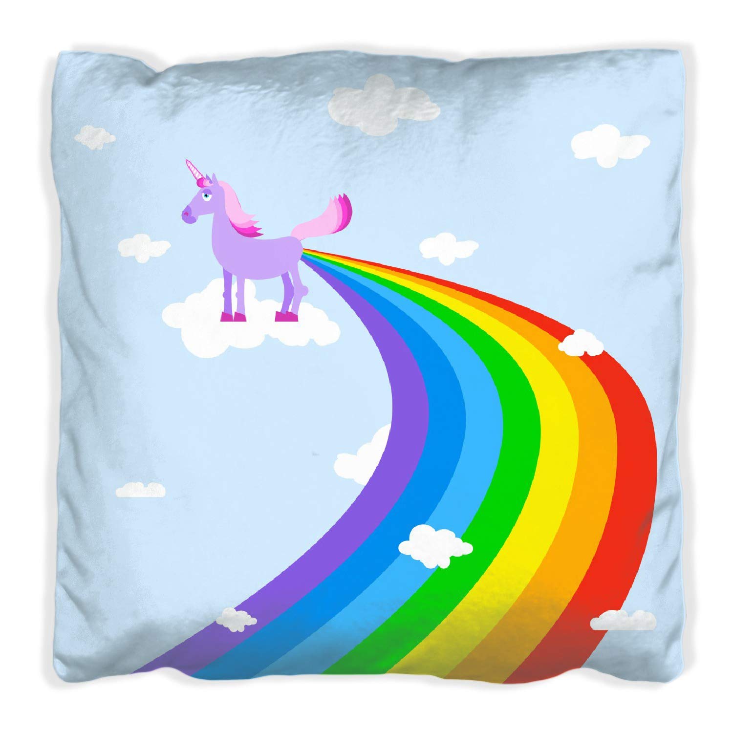 Wallario Dekokissen 30 x 30 cm, Einhorn mit Regenbogen aus dem Hintern, beidseitig Bedruckt, Kuschelkissen mit weicher Plüsch-Oberfläche