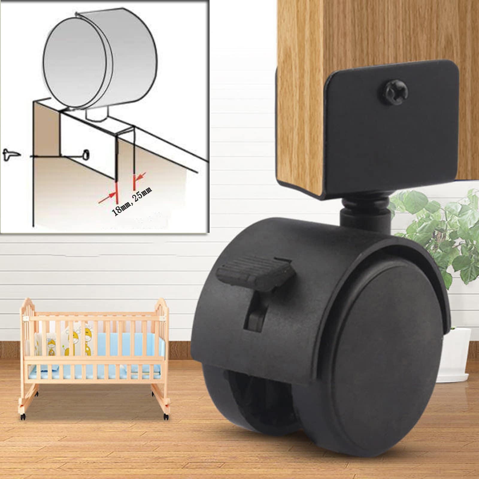 Rotelle girevoli a Forma di U da 4 Pezzi, rotelle per mobili Fai da Te, rotelle mobili per Supporto per Fiori, capacità di carico 60 kg, Ruote girevoli con Freno con Viti (Nero), 2