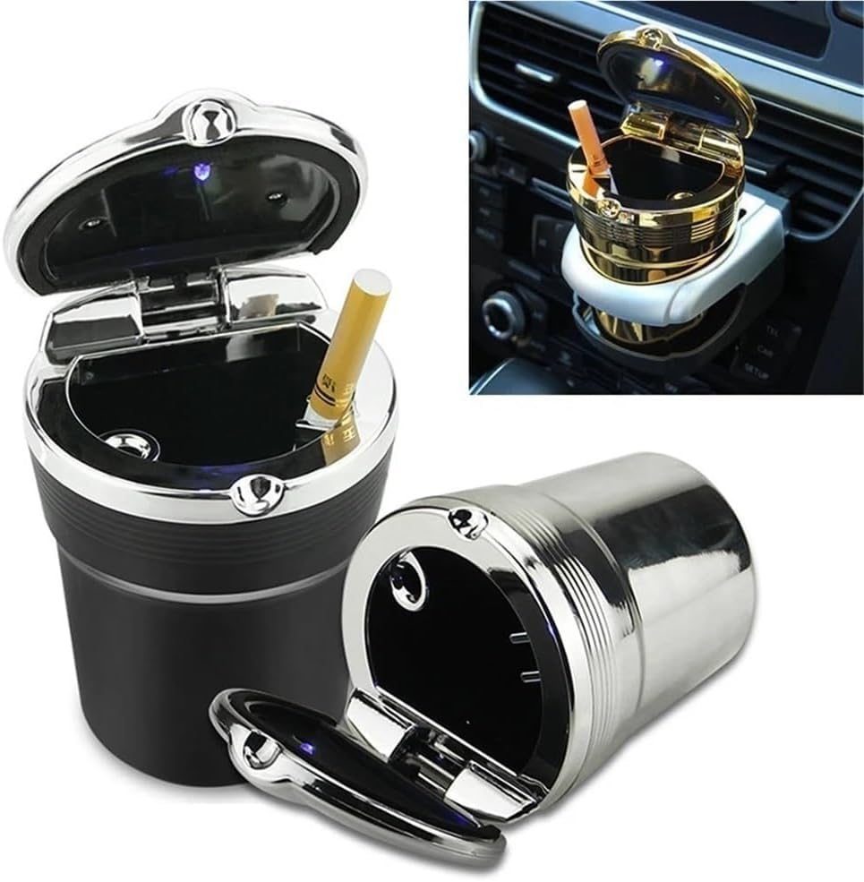 Car Ashtray for Ford Mustang SN-95/S197/S550/Bronco 5th Generation,LED Portable Lid Up Detachable Self Extinguishing Convenience Office Home Camping Stand Cylinder Accessory,Black