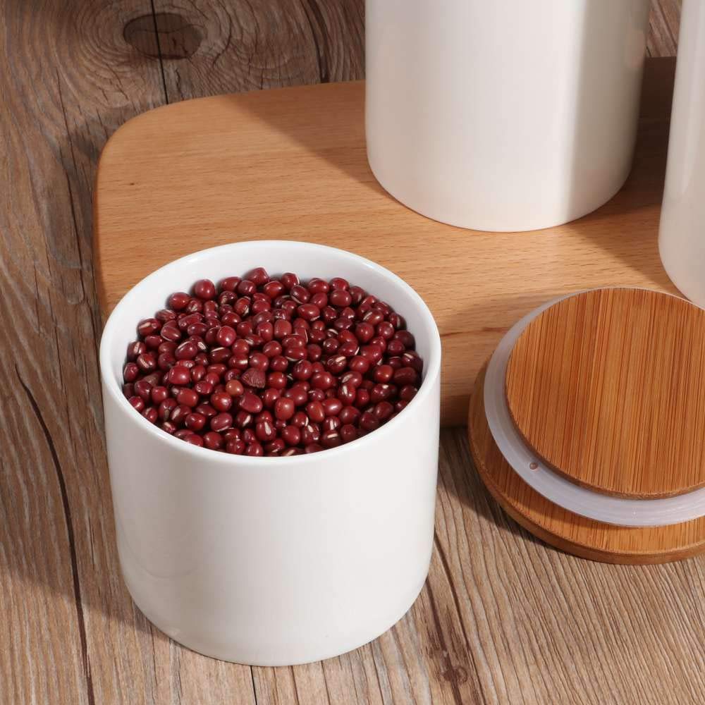 ZoeQide Koffieblik luchtdicht 1 kg bonen van glas – koffiebonen houder met bamboedeksel en houten rek – voorraadpot met lepel voor koffie, thee en suiker – keukenorganizer, bewaarset