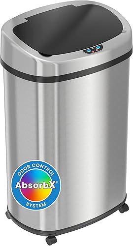 Miniatura 1 de iTouchless Glide - Cubo de basura de 13 galones ovalado con sensor, ruedas y sistema de control de olores, acero inoxidable, automático, cocina y