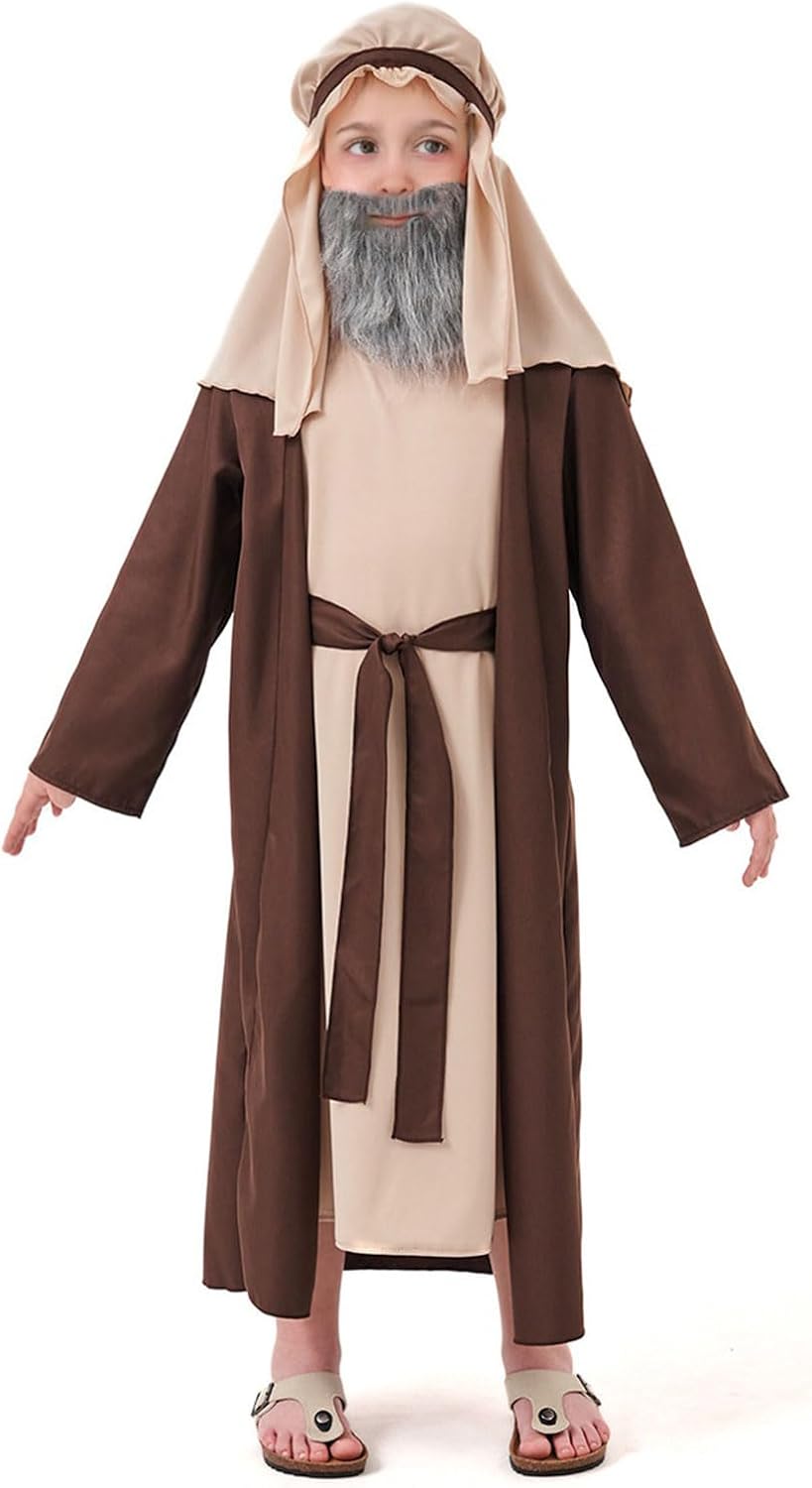 DFZ Jesus Costume for Kids 6-12 Years Boys Biblical Shepherd Costume Outfit Halloween & Christmas Nativity Play Robe Medium Brown