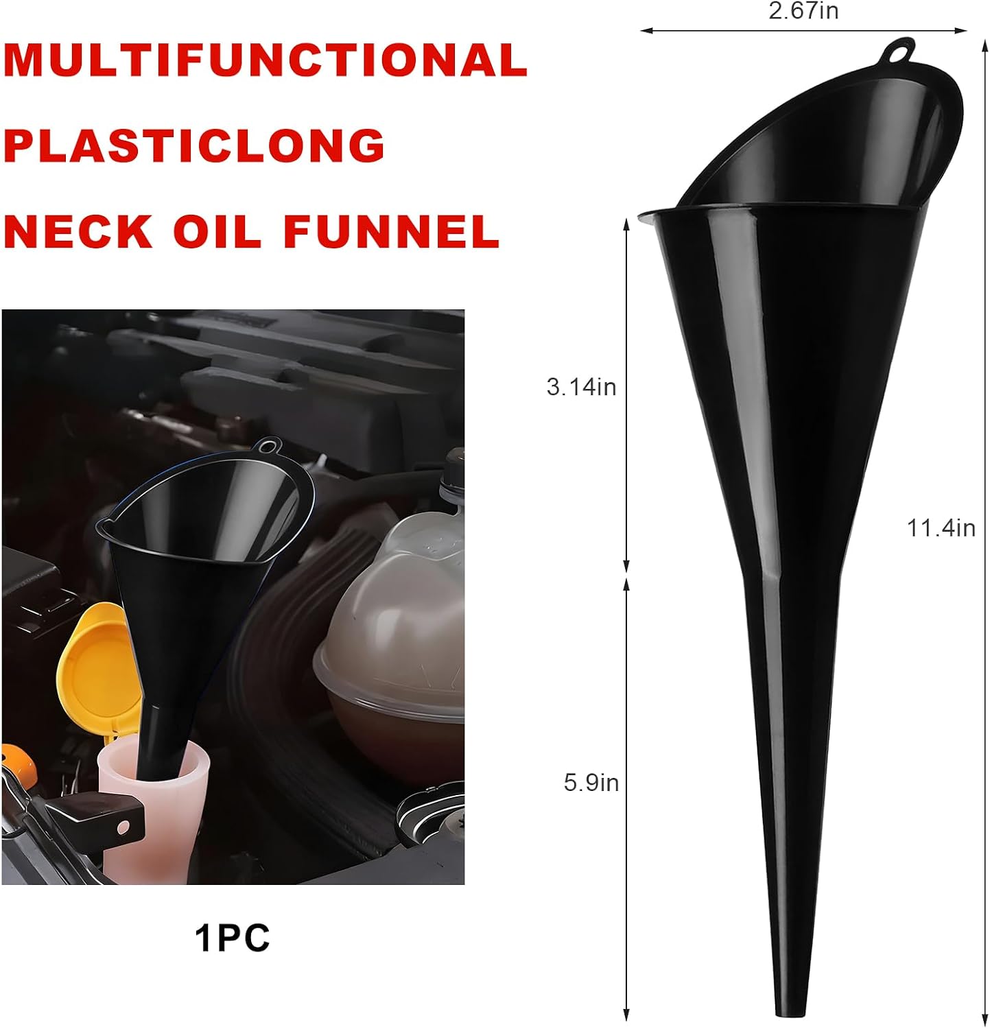 Oil Funnel, Multi-Purpose Wide-Mouth Automotive Engine Oil Funnels, Anti-Spill Plastic Long Neck Funnel for Filling Oils Gas Lubricants & Other Fluids, Car Accessories (Black)