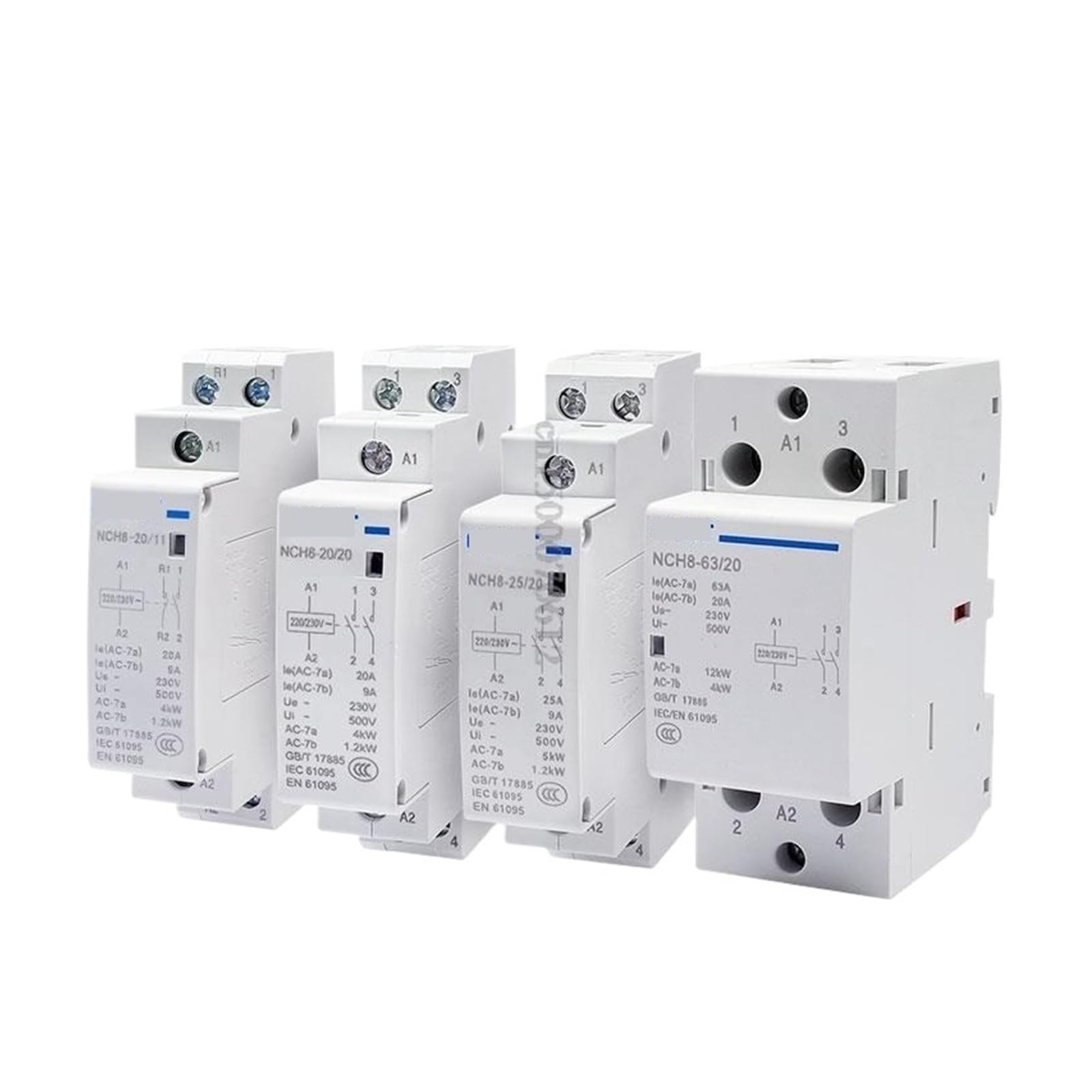 Contactor Modular de CA for el hogar NCH8, 220V, 230V, 400V, 20A, 25A, 40A, 63A, 1NO, 1NC, 2NO, 2NC, 4NO, 2, cuatro fases(NCH8-63,2NO2NC)