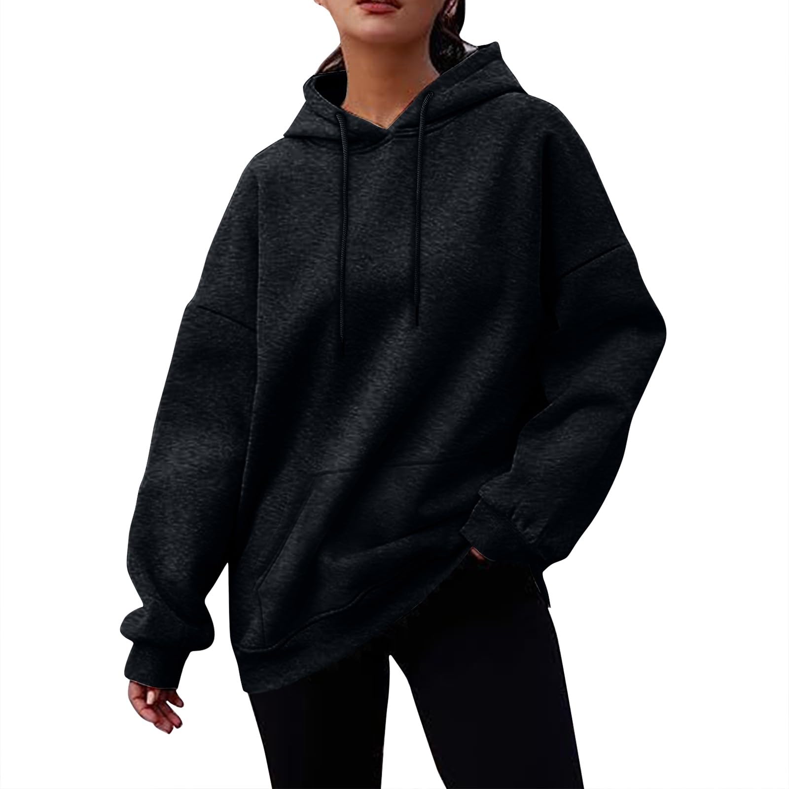 GenericWomen's Round Neck Long Sleeve Pullover Tops Solid Color Casual Hoodie Lightweight Sweatshirt