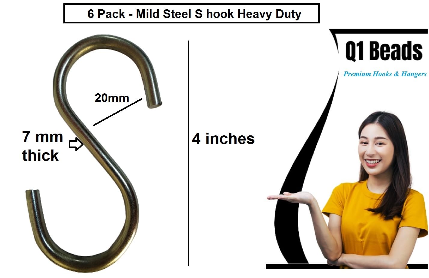 Q1 Beads 6 Pcs Metal 4 inches Heavy Duty S Hook 7 mm for Jhula Swing Hammock Hanging Accessories 200 Kgs Capacity S-Hook Set for Baby Swing,Boxing Punching Bag, Hang Any Article (Chrome) — Amazon image 2