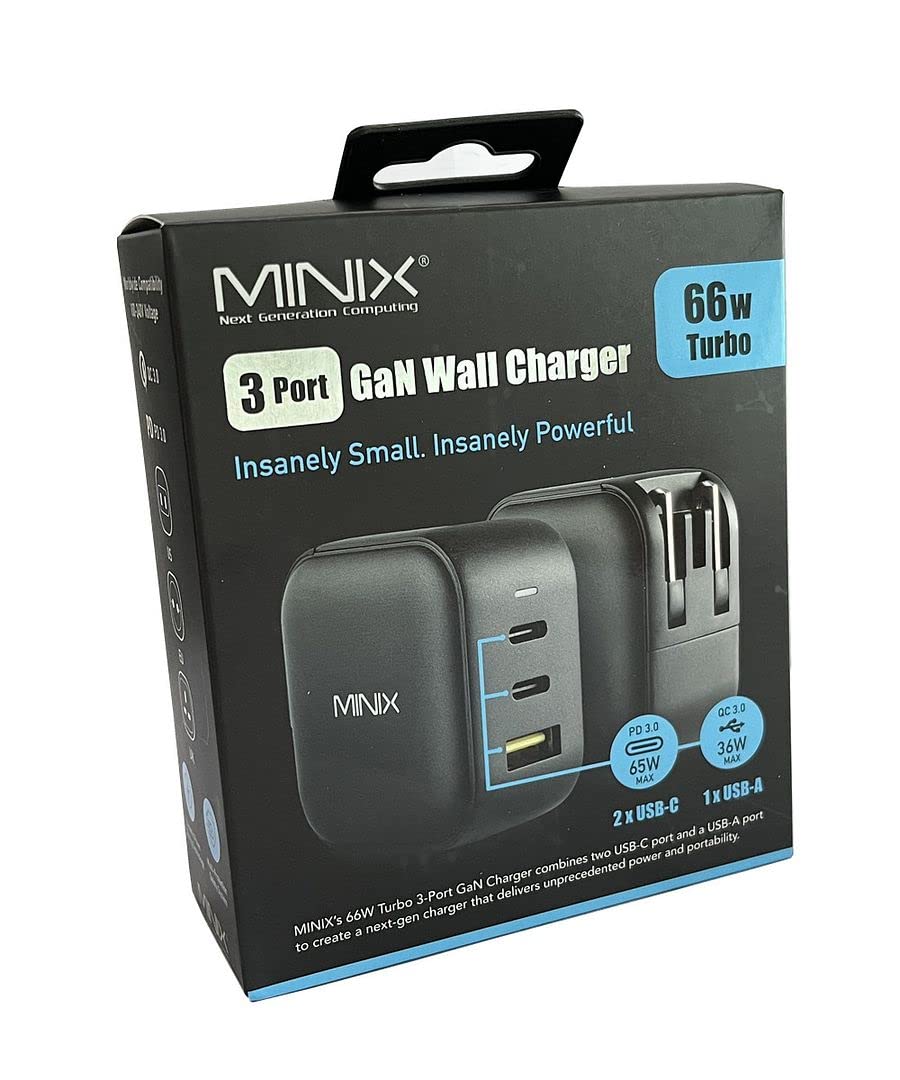 MINIX NEO P1 Caricabatterie da parete con 3 porte USB: 2 x USB-C 3.0 (massimo 65 W), 1 x USB-A Quick Charge 3.0 (massimo 36 W), adattatore incluso: spina UE/UK/USA