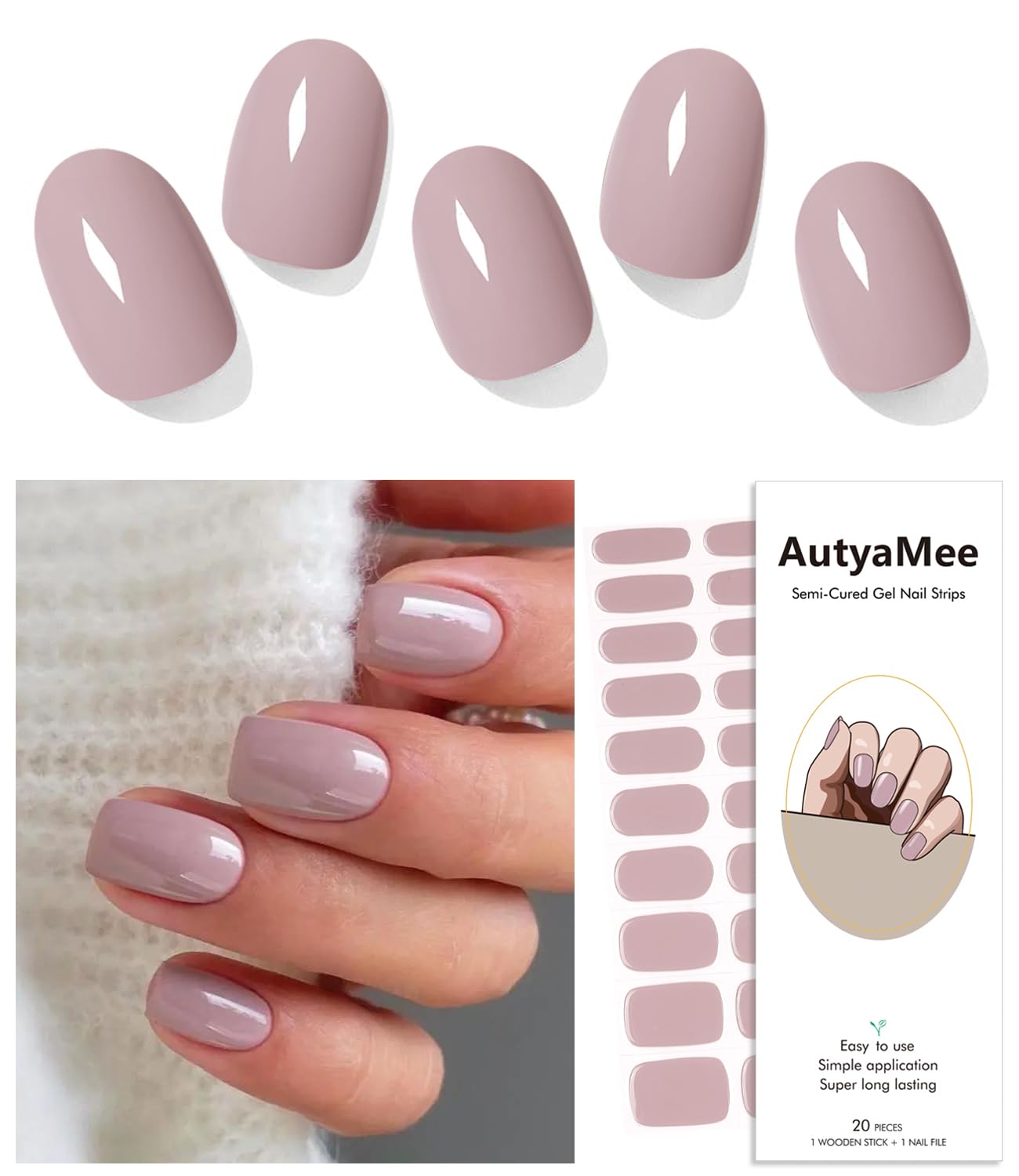 AutyaMee Semi Cured Gel Nail Strips (Grey Purple), 20 Pcs Gel Nail Wraps, Stickers, UV Light Required, Salon Quality, Long Lasting
