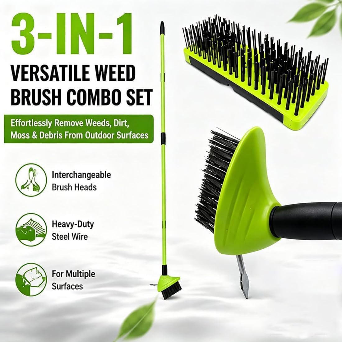 Set Combinado versátil de Cepillo para Malas Hierbas 3 en 1: Cepillo para Limpiar Juntas y Gancho metálico; Herramienta para Eliminar Malas Hierbas y Fregar hormigón en Patios, adoquines (2PCS,1)