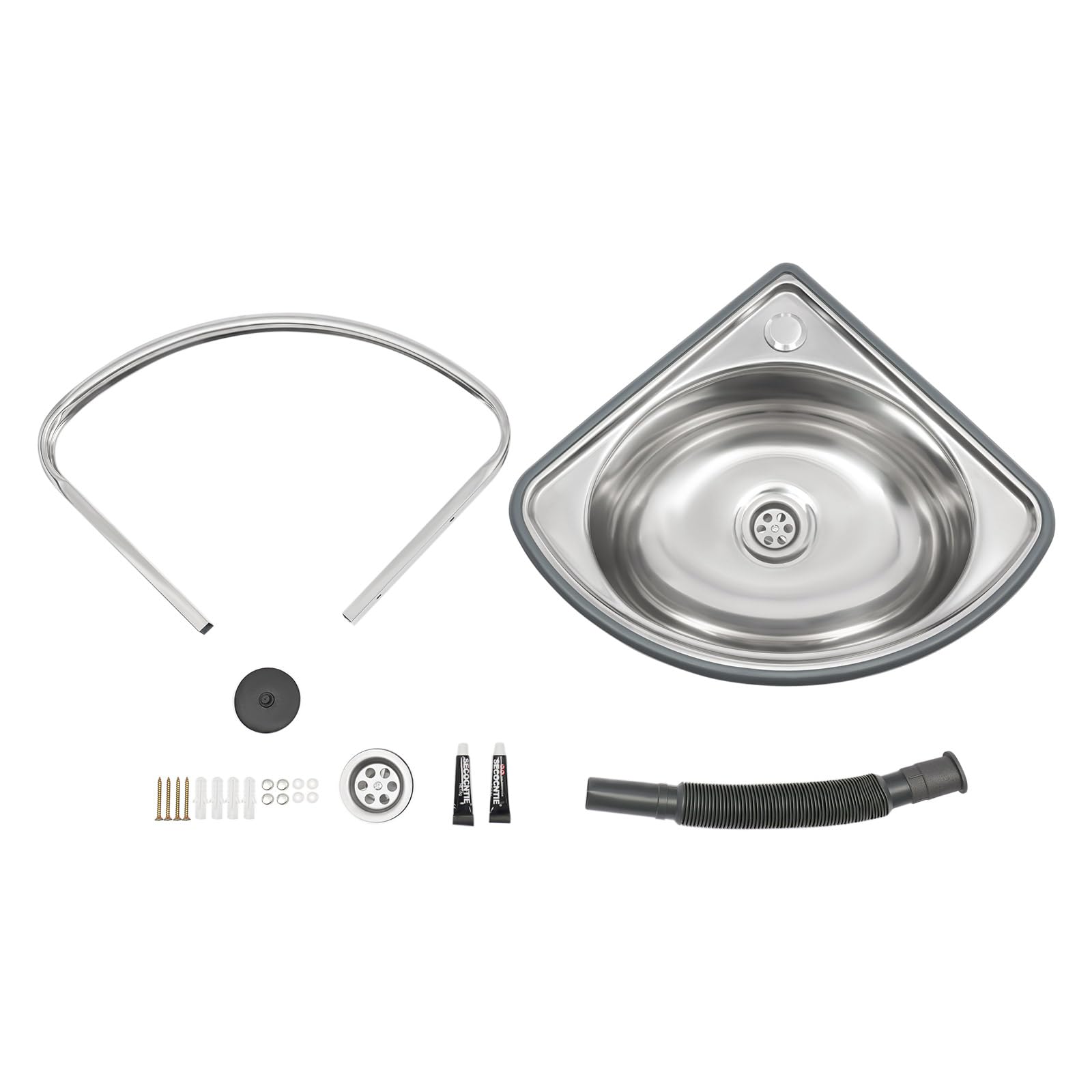 Piccolo lavabo da parete per bagno, lavabo angolare triangolare, mini lavandino ad angolo in acciaio inox per camper e piccoli spazi, 17 x 14,5 pollici, lavabo triangolare argentato con e