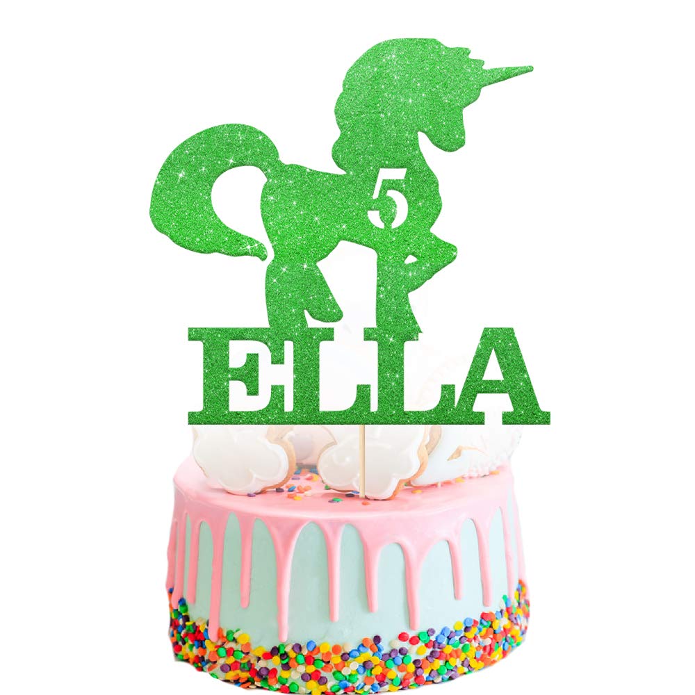 EDSG Personalised Unicorn Cake Topper | Custom Cake Decoration with Any Name & Age | Multicolour Glitter Party Decoration for Girls Boys 3 5 7 12 16 18 21 30 (Green)