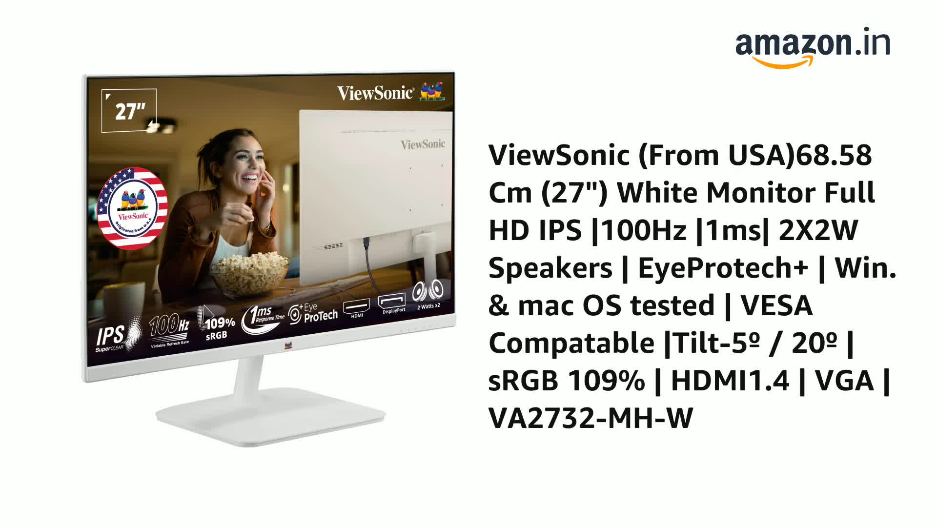 ViewSonic (USA Brand) - VA2732-MH-W, 27-inch (68.58cm) Full HD  