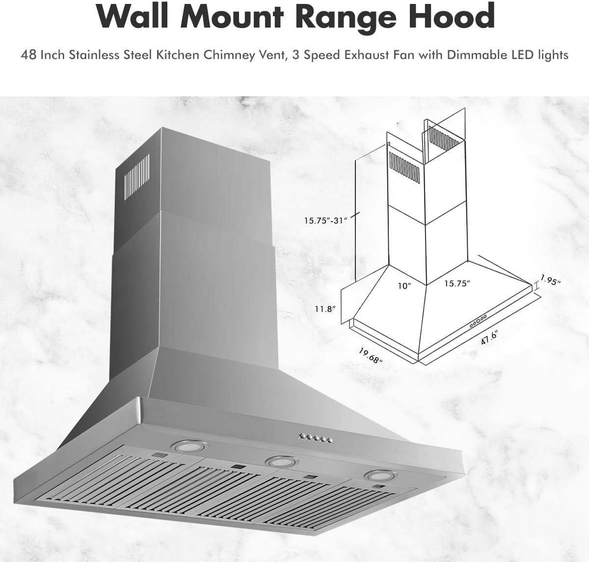 Upgraded 48 inch Wall Mount Range Hood Vent Convertible Dual Motors 1500CFM Stainless Steel for Kitchen 3 Speed Exhaust Fan ETL listed (Upgraded Dual Motors)