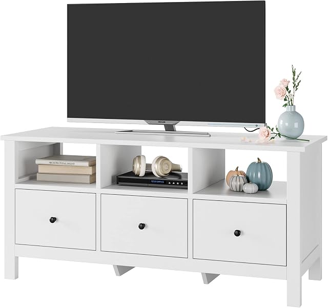 FOREHILL TV Stand Cabinet Floor TV Console with 3 Drawers for 43 Inch TV Unit White Bench Storage Sideboard Entertainment Center for Living Room 108x40x50cm