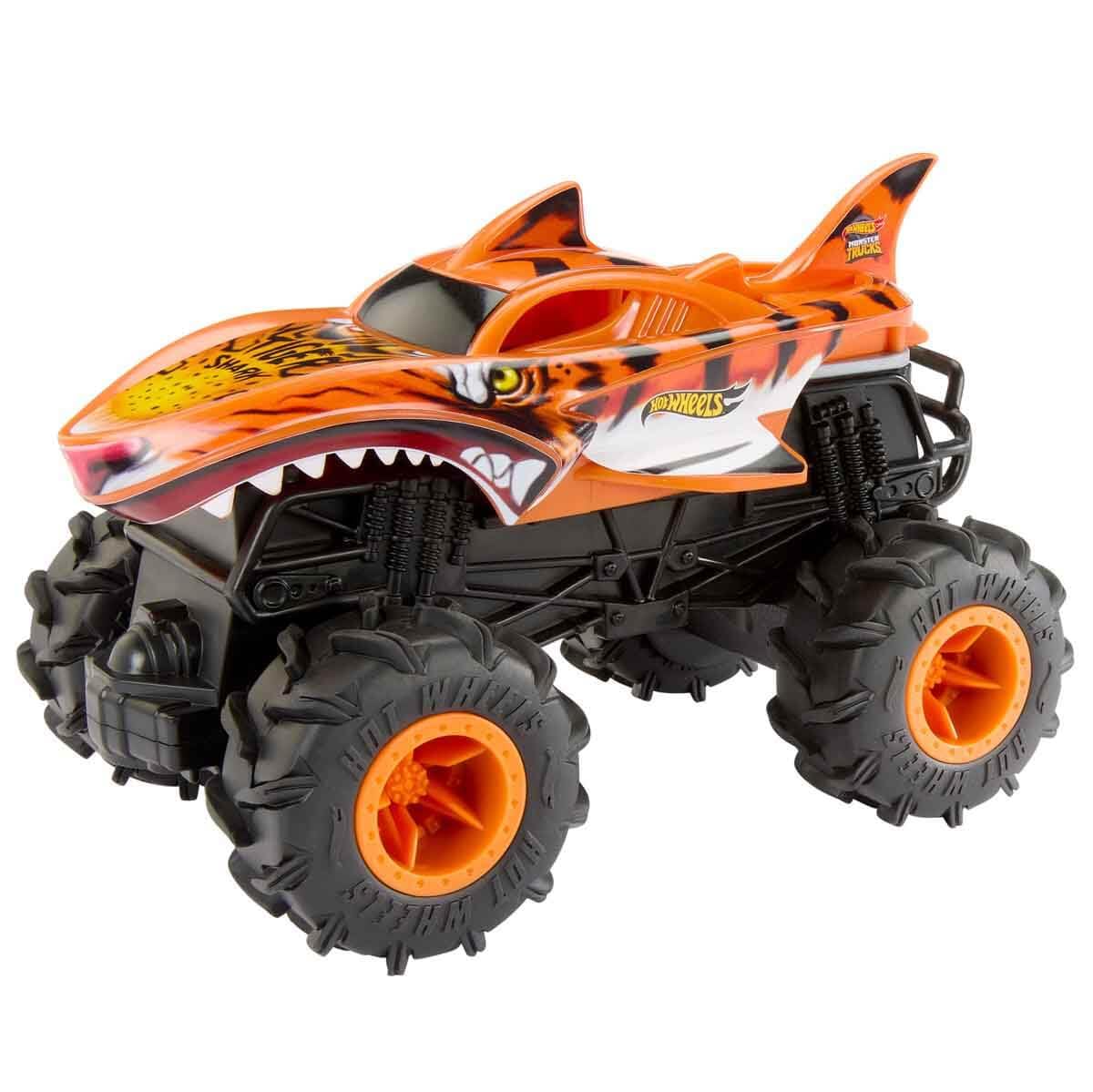 Hot Wheels Monster Trucks Coche Teledirigido, HW Tiger Shark RC, Coche de juguete todoterreno con mando radio control con alcance de 30 metros, escala 1:24, regalo para niños y niñas +4 años, HNV03