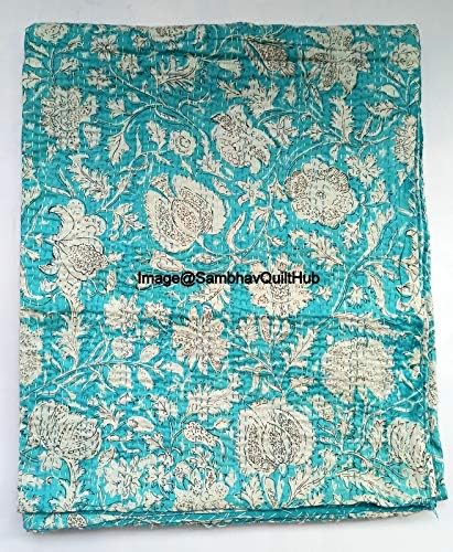 Handblock Floral Print Handmade Cotton Kantha Quilting Boho Bedding Throw Blanket Hippie Queen/King Size Bohemian Block Kantha Quilt (90X108 inches (Double/Queen))