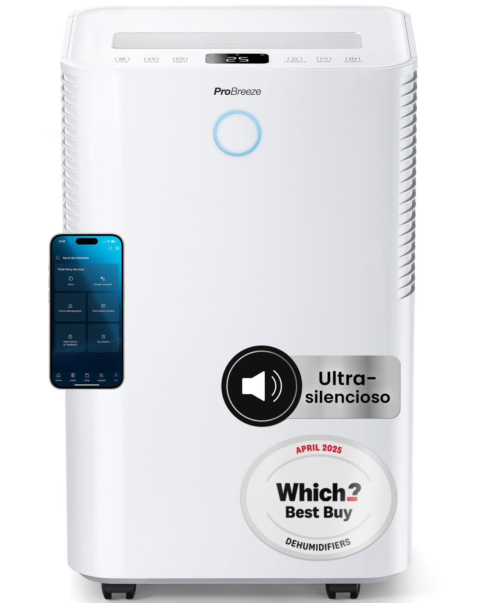 Pro Breeze OmniDry Deshumidificador 20L/Día hasta 30 M², WiFI, Depósito 4L, Secado de Ropa, Sensor de Humedad, Temporizador 24H, Modo Nocturno - Antihumedad, Moho y Condensación
