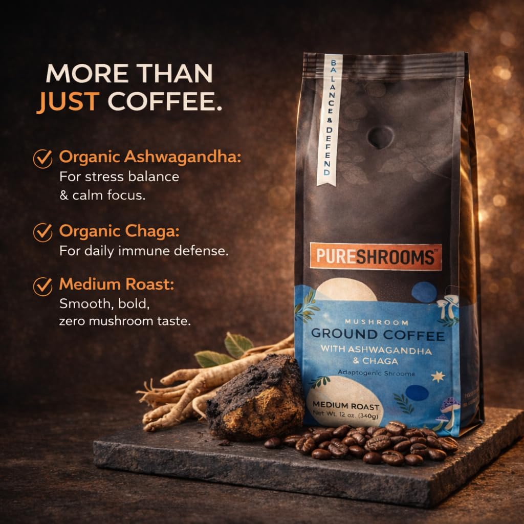 Mushroom Ground Coffee with Organic Ashwagandha, Chaga, L-theanine - Medium Roast 100% Arabica Beans - Adaptogenic Support for Balance & Immunity - (12 oz/340g)