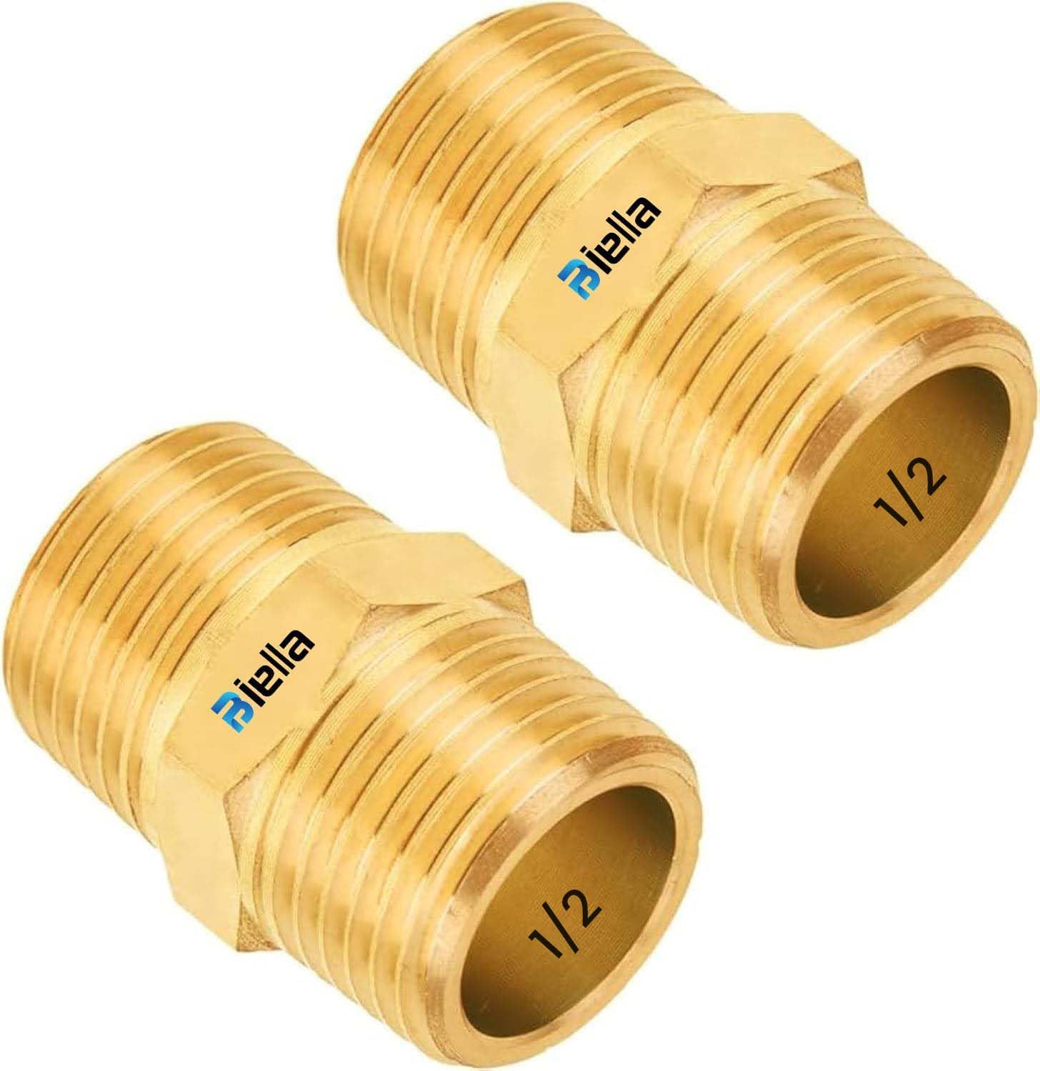Biella™ BSP Male Solid Brass Hex Nipples, Heavy Brass Pipe Adapter Fittings Equal Nipples Connectors Male Thread Hose Pack of 2 (1/2X1/2)