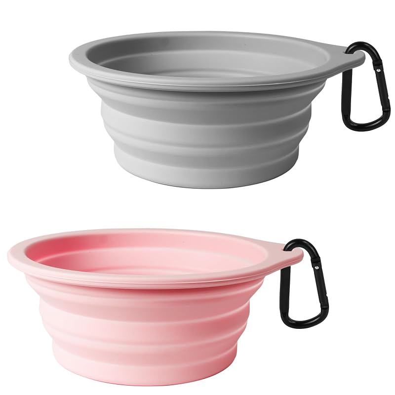 Potes dobráveis de silicone para viagem para cães e gatos PetBonus, Grey e Chalk Pink, 590 mL, pacote com 2
