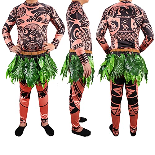 Maui Tattoo Cosplay Costume,Tribal Imprint Moana Costume Long Sleeve T Shirt/Pants Set Party Wearing Halloween Cosplay for Adult Unisex (L)