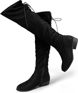 Hawkwell Women's Thigh High Over-the-Knee Boots - Black Faux Suede Low Heel Fashion Boots for All-Day Comfort