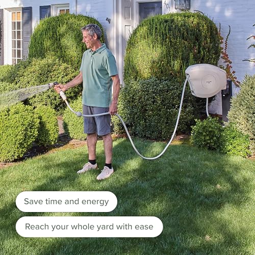 HOSELINK Beige 50ft Hi-Flow Automatic Retractable Garden Hose Reel, 9/16”, 8-Pattern Spray Nozzle, UV-Stabilized Kink-Free Hose, Wall Mounted Complete Watering Solution for Backyard, Garden & Outdoor
