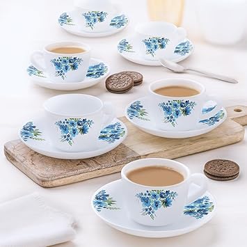 Pansy Opalware Cup and Saucer Set of 12 pcs | Tea/Coffee Cups 140 ml | Microwave & Dishwasher Safe | Bone-Ash Free | Crockery Set Ideal for Daily Use & Gifting, White