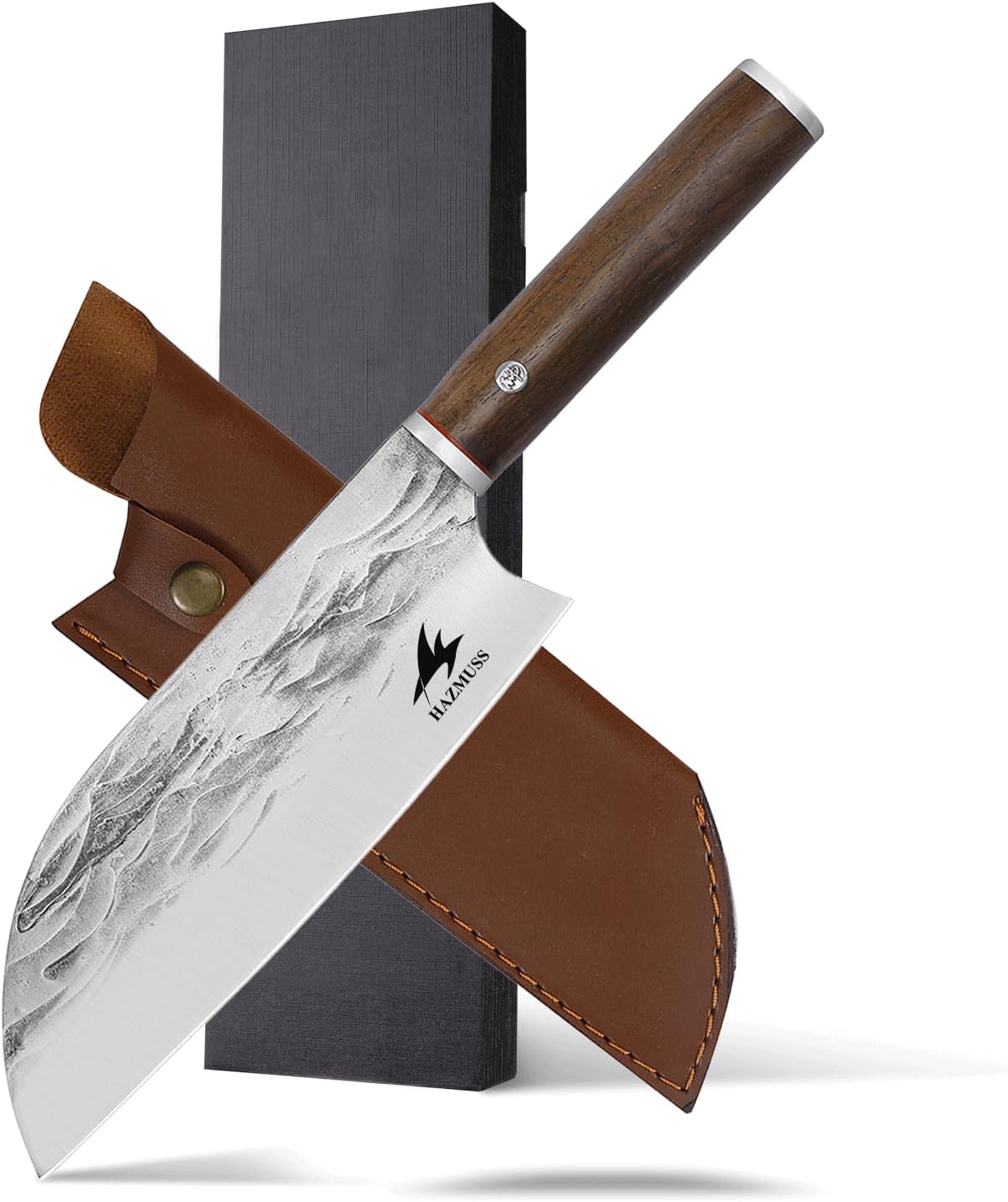 Professional 7.8-inch Chef Knife, High Carbon Stainless Steel Blade for Cutting Meat, with Leather Sheath Scabbard, Ash Wood Handle, Suitable for Kitchen, Outdoor Cooking, BBQ