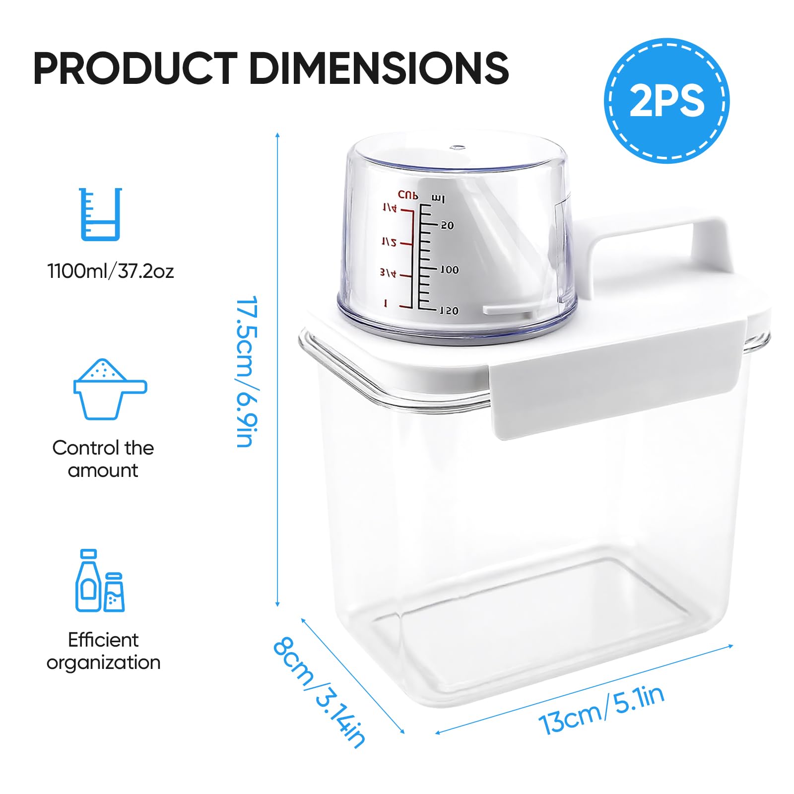 2 Pcs Dispensador detergente de 1100 ml, Dispensador Hermético | Detergente Con Vaso Medidor, Caja de Almacenamiento Para Polvo de Lavado para Detergente, Alimento, Mascotas